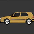 Golden Hatchback Car With Black Stripes And Silver Rims On Reflective Surface