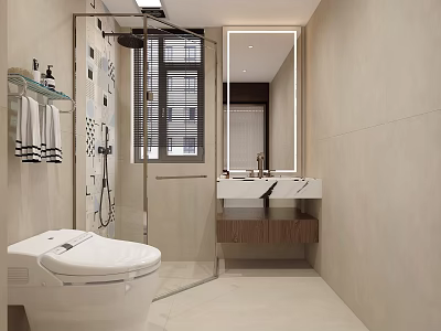 Modern Bathroom Interior With Smart Toilet Glass Shower And Marble Sink Mirror 3d model