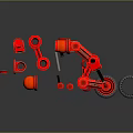 Red Robotic Arms With Scattered Furniture Parts On Black Background Reflection