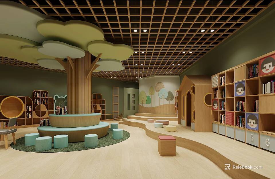 Cheerful Kindergarten Interior Space With Tree Shaped Decor Bookshelves Round Seats And Wooden Steps 3d model 