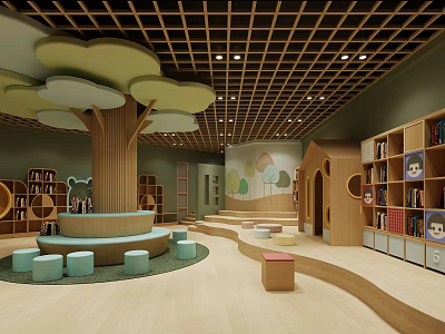 Cheerful Kindergarten Interior Space With Tree Shaped Decor Bookshelves Round Seats And Wooden Steps 3d model