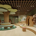 Cheerful Kindergarten Interior Space With Tree Shaped Decor Bookshelves Round Seats And Wooden Steps