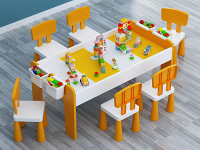 Kids Table with Yellow White Chairs Building Blocks and Play Toys 3d model