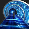 Futuristic Elevator Aisle With Blue Illuminated Hexagonal Patterns And Person Walking 3d model
