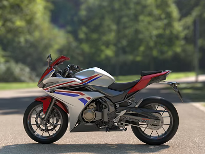Sporty Motorcycle In Red White Blue On Road With Trees 3d model