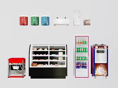 Retail Display Shelves With Refrigerated Cabinets Beverage Coolers And Snack Cases 3d model