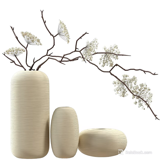 Three Cream Vases With Vertical Striped Texture And White Flower Branches 3d model