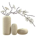 Three Cream Vases With Vertical Striped Texture And White Flower Branches 3d model