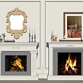Classic White Fireplaces With Burning Flames Gold Mirror Painting Candles And Clock On Decorative Walls