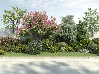 Different Types Of Shrubs With Green Leaves And Pink Blooms In Garden With Lawn And Trees 3d model