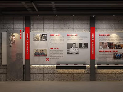 Historical Exhibition Wall With Historical Photos Text Content And Red Accents On Brick Wall Background 3d model
