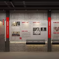 Historical Exhibition Wall With Historical Photos Text Content And Red Accents On Brick Wall Background