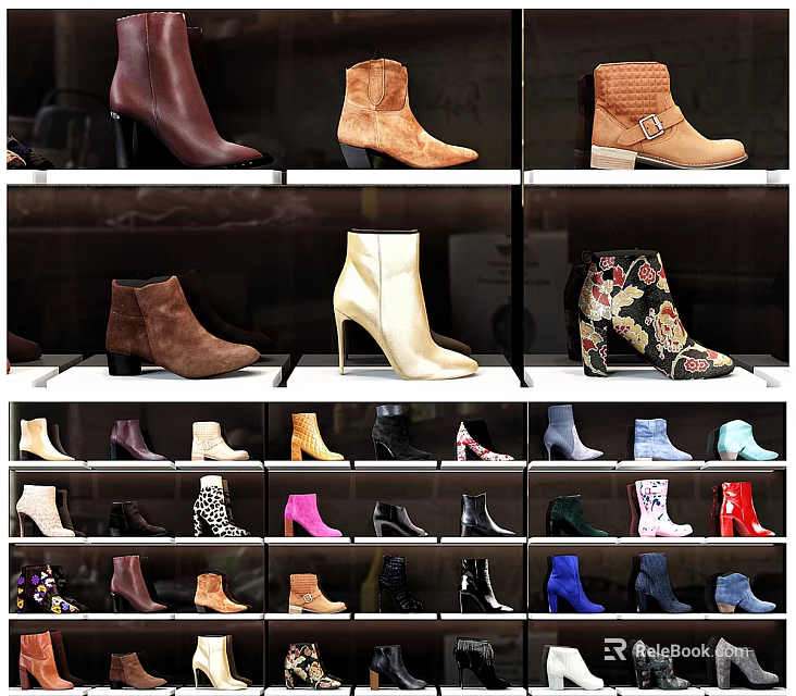 Display Shelves Showcasing Various Stylish Boots And Colorful Shoes With Unique Designs 3d model 