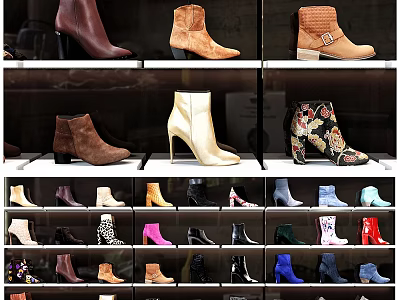 Display Shelves Showcasing Various Stylish Boots And Colorful Shoes With Unique Designs 3d model