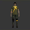 Man Wearing Green T Shirt With Yellow Cross Straps Camouflage Pants And Yellow Knee Pads