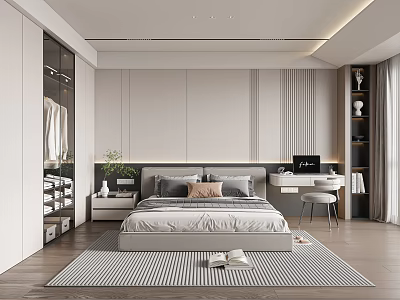 Modern Bedroom Interior Design With Platform Bed Wardrobe Desk And Neutral Tones 3d model
