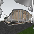 Modern Curved Glass Building Featuring Wooden Structure Trees Pathway People Walking And Bicyclist