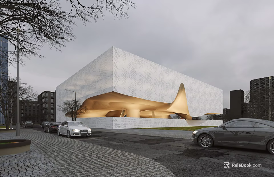 Modern Museum Building With Unique Architectural Facade And Urban Street View 3d model 