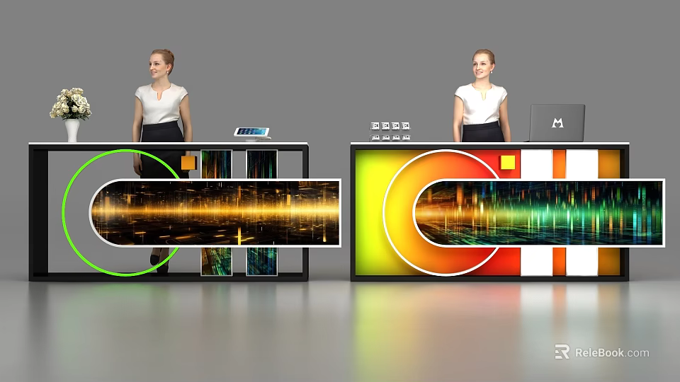 Modern Reception Desk Featuring Green Orange Circular Decor And Digital Screens With City Night Data 3d model 