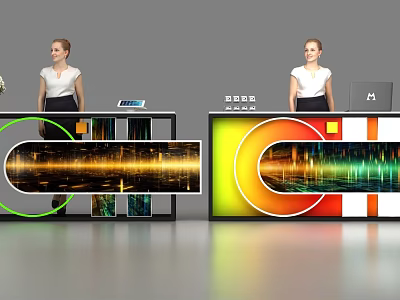 Modern Reception Desk Featuring Green Orange Circular Decor And Digital Screens With City Night Data 3d model