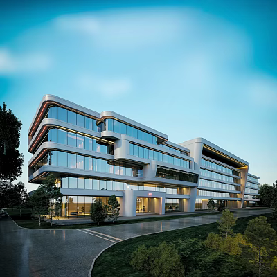 Future Architecture Modern Design With Glass Curtain Wall Streamlined Structure And Greenery 3d model