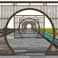 Modern Wooden Archway With Lattice Design In Garden Surrounded By Green Trees