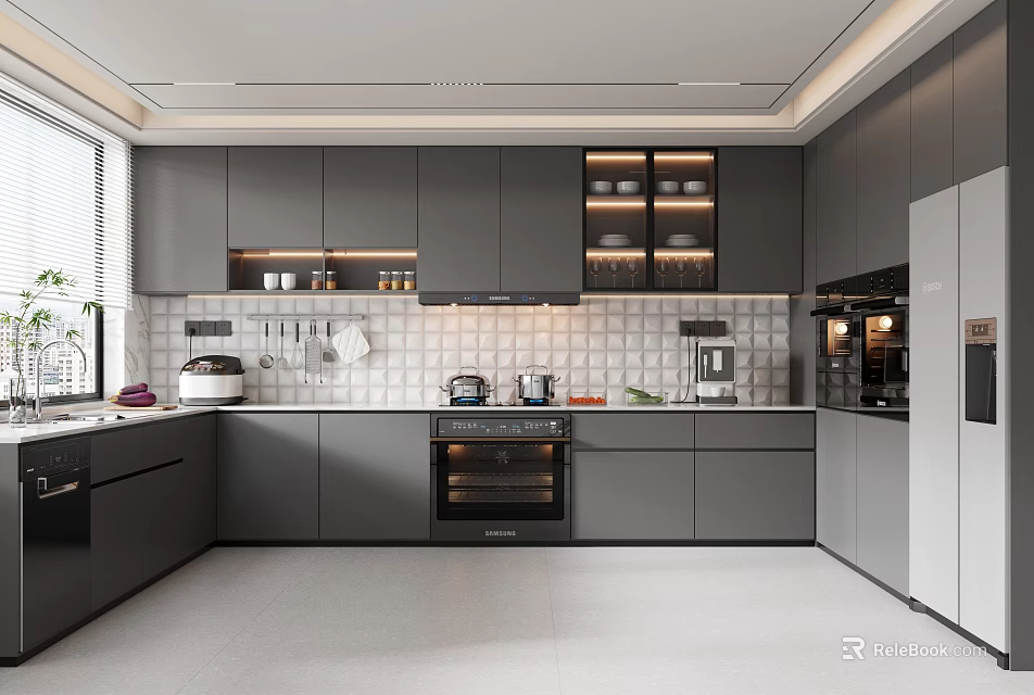 Modern Kitchen Interior Design With Sleek Gray Cabinets Tile Backsplash And Oven 3d model