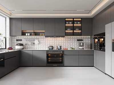 Modern Kitchen Interior Design With Sleek Gray Cabinets Tile Backsplash And Oven 3d model