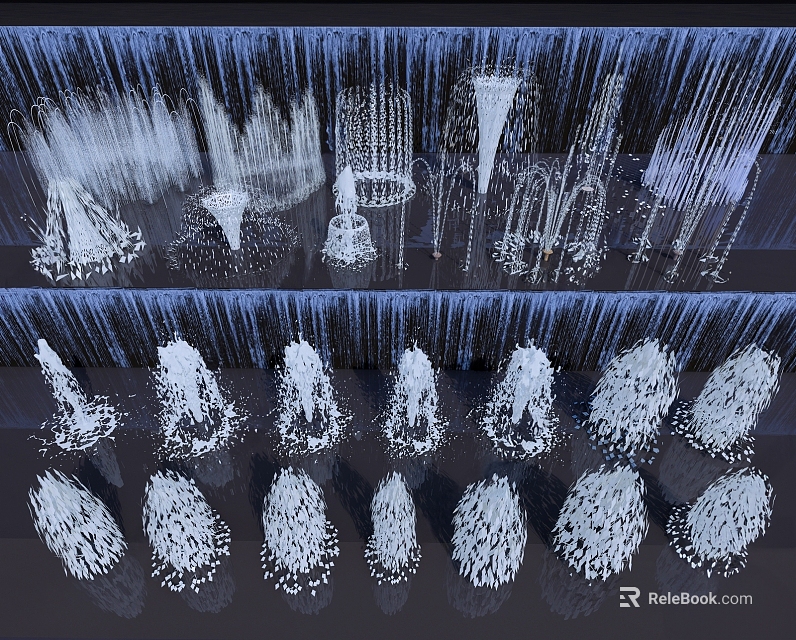 Decorative Garden Water Features with Multiple White Fountain Shapes Arranged in Upper and Lower Rows 3d model 