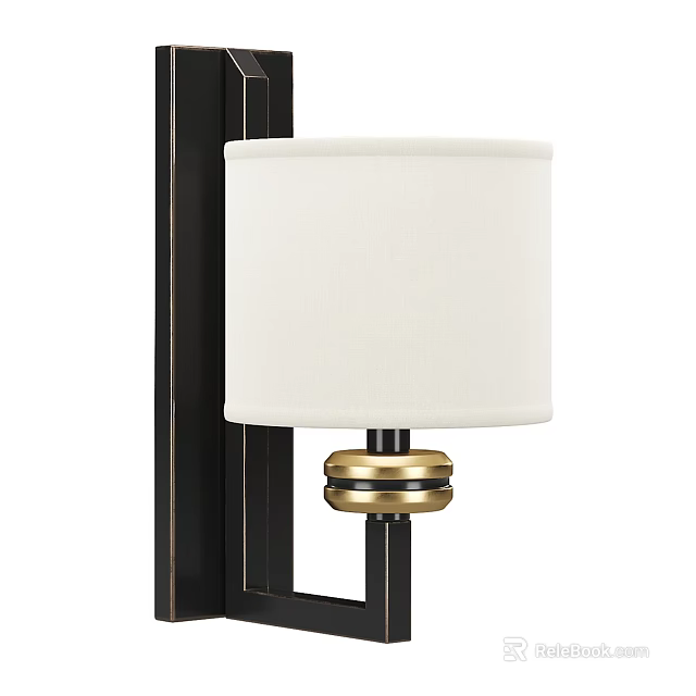 Modern Black Metal Wall Lamp With White Fabric Shade And Gold Decorative Accents 3d model 