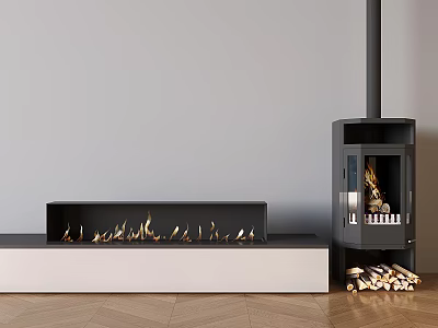 Modern Fireplace Interior With Built In Flames And Free Standing Stove With Firewood Stack 3d model