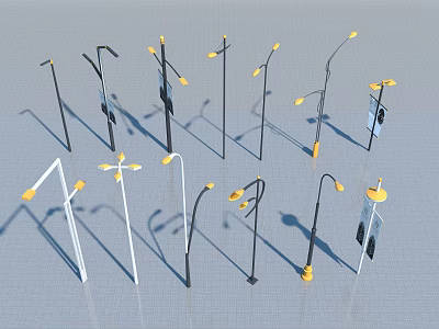 Outdoor Lights With Various Designs Multiple Styles And Different Colored Lamp Heads Straight Curved Poles 3d model