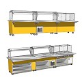 Commercial Kitchen Equipment With Yellow Cabinets Glass Display Shelves And Stainless Steel Worktables