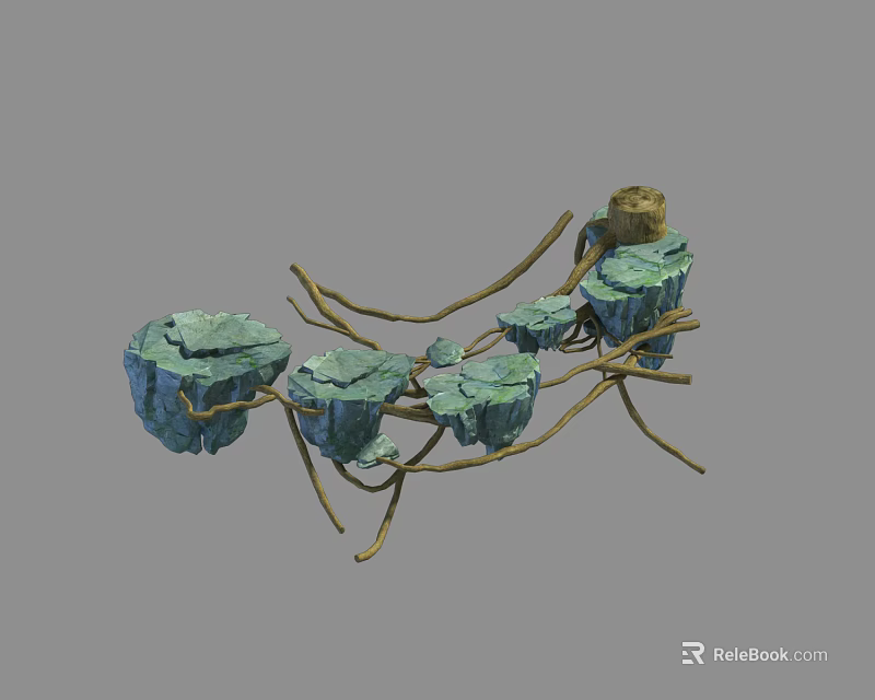 Natural Style Bridge With Stone Pillars And Twisted Branches Covered In Green Moss 3d model 