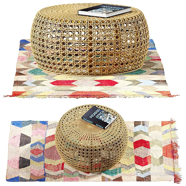 Woven Double Seater Sofa On Colorful Geometric Rug With Bohemian Design And Tag 3d model 