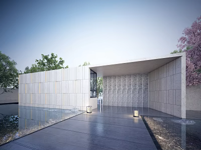Modern Entrance Gate Design With Stone Walls Water Feature And Pathway Lights 3d model