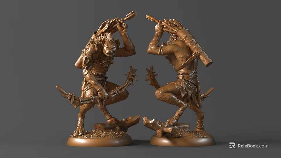 Two Carved Bronze Warrior Sculptures With Weapons And Decorative Bases 3d model 