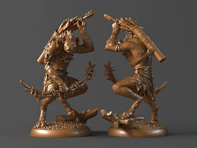 Two Carved Bronze Warrior Sculptures With Weapons And Decorative Bases 3d model