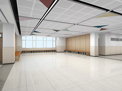 School Hall with White Floor Tiles Colorful Geometric Ceiling Wooden Lockers and Large Windows 3d model