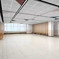 School Hall with White Floor Tiles Colorful Geometric Ceiling Wooden Lockers and Large Windows