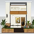 Shop Storefront With White Walls Brown Awning Wooden Planters Green Plants Bench And Small Blackboard