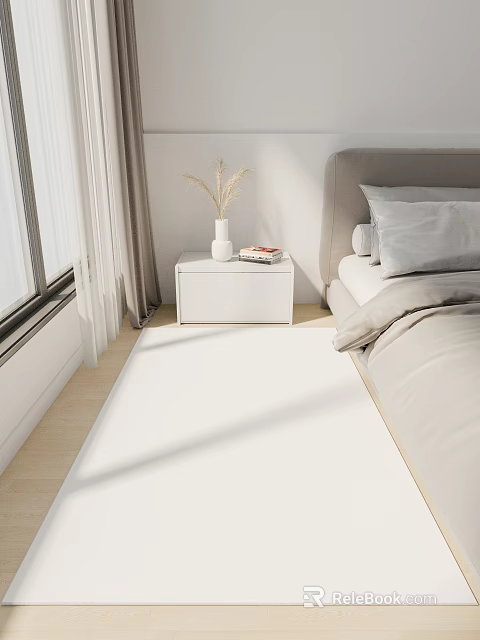 Modern Minimalist Bedroom Interior with Nightstand Vase Books Window Curtains and Rug 3d model 