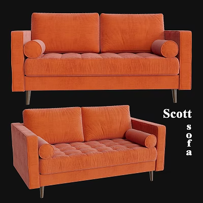 Orange Two Seater Sofa With Modern Tufted Seat And Stylish Armrests 3d model