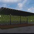 Modern Pergola Design with Black Metal Frame Wooden Platform and Hanging Lanterns