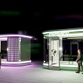 Modern Neon Lit Outdoor Kiosks With Menthol Signage And Seating Areas At Night