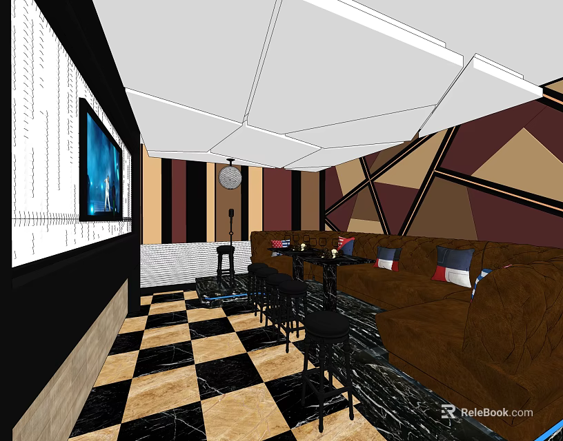 Modern KTV Room Interior With Brown Sofas Black Stools TV Screen And Geometric Walls 3d model 
