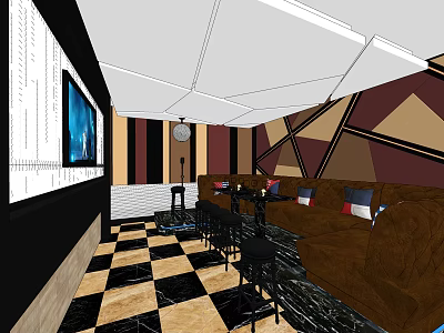 Modern KTV Room Interior With Brown Sofas Black Stools TV Screen And Geometric Walls 3d model