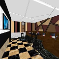 Modern KTV Room Interior With Brown Sofas Black Stools TV Screen And Geometric Walls