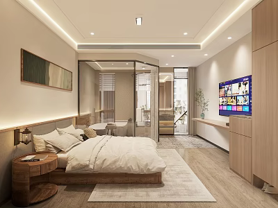Modern Hotel Guest Room With Wooden Bed Decorative Painting TV Soft Lighting And Wooden Furniture 3d model