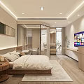 Modern Hotel Guest Room With Wooden Bed Decorative Painting TV Soft Lighting And Wooden Furniture